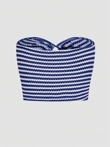 Breezaya Women Striped Lace-Up Backless Bustier Top - Royal Blue - View 2