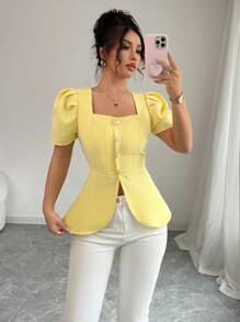 Elenzga Camicia elegante da donna con maniche a palloncino, colletto quadrato e vita a-line