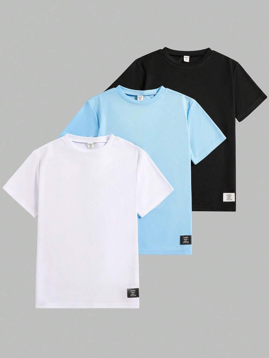 SHEIN 3pcs Tween Boy Round Neck Short Sleeve T-Shirt Set, Spring/Summer - Baby Blue - View 1