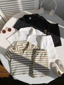 SHEIN 6 Stücke/Set Baby Jungen Sommer Lässig gestreiftes Poloshirt & Shorts Set, geeignet für Geburtstagsfeste, Abendveranstaltungen, Aufführungen, Hochzeit, Taufe und 1. Geburtstagsfeier, Babyparty