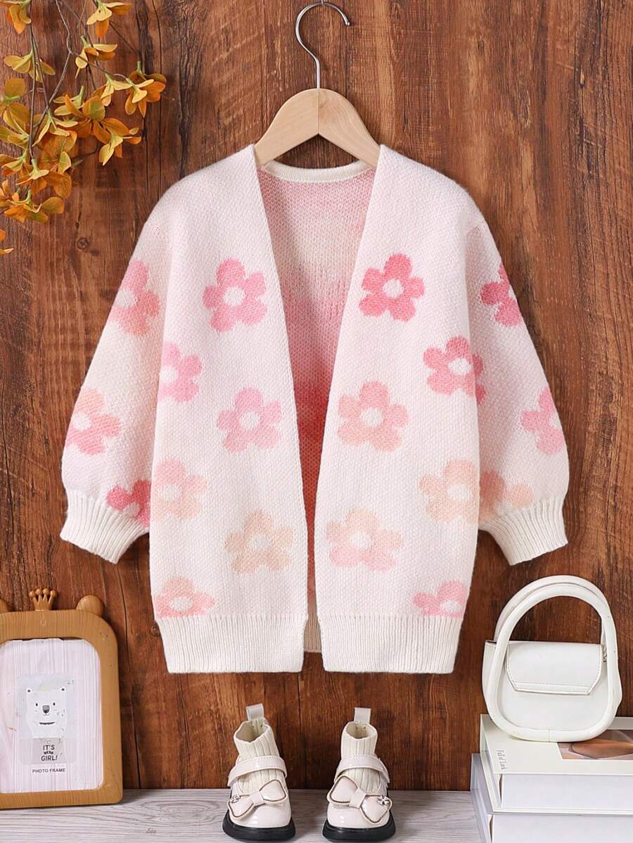 Girls Elegant Colorful Gradient Floral Print Long Sleeve Knit Cardigan, Comfortable & Versatile For Casual, Daily, Party, Home Wear, Suitable For Autumn/Winter - Pink - View 1