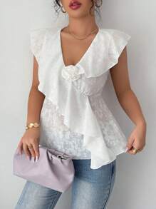 Elenzga Women French Style Floral Embroidery Cut-Out Cap Sleeve Asymmetrical Hem Fitted White Blouse, Summer - White - View 6