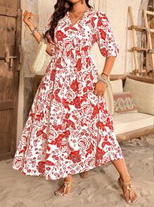 Breezaya Plus Size Tropical Plant Print V-Neck Puff Sleeve High Waisted Loose Dress, Vacation Style - Red - View 1