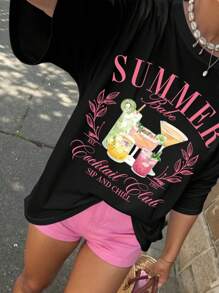 SHEIN LUNE Áo thun tay ngắn in chữ và cocktail cỡ lớn, mùa hè - màu đen - Xem 1