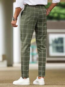 Manfinity Homme Men's Casual Plaid Tapered Suit Pants, Men Green Checkered Olive For Ceremony Formal - Multicolor - View 2