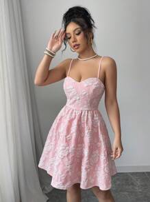 Chiquease 女士粉红玫瑰提花浪漫优雅婚礼宾客毕业音乐会服装生日礼服春夏女士服装太阳裙晚会约会筒形乡村音乐会服装无袖迷你吊带裙