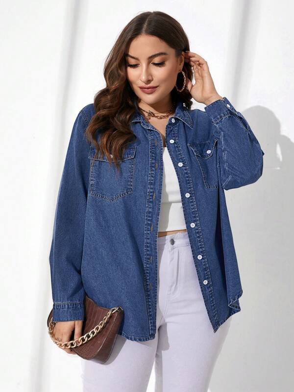 EMERY ROSE Top Denim de Manga Longa Casual e Lavada em Plus Size