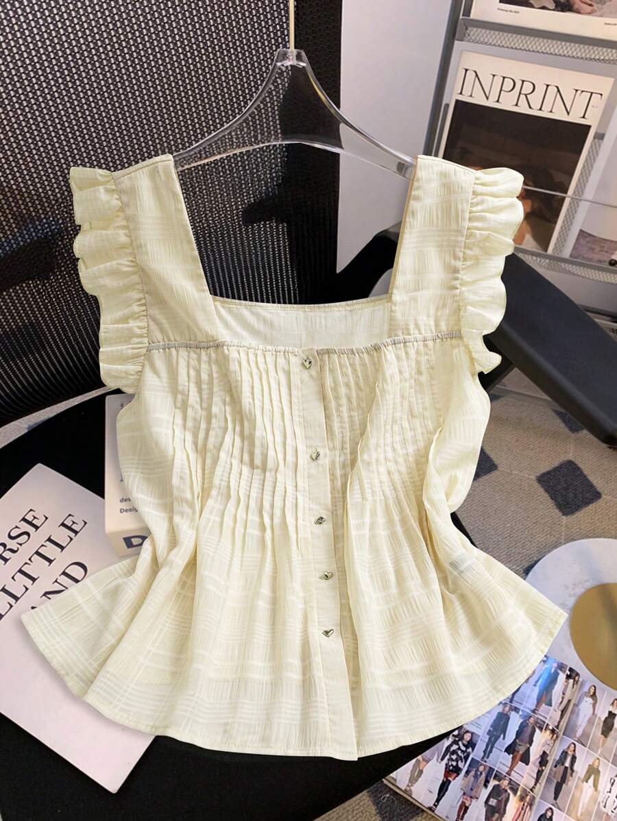 Flirla Plus Size Women Square Collar Ruffled Trim Cap Sleeve Chiffon Blouse, Sleeveless Flared Hem Shirt For Summer - White - View 1