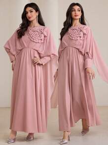 Modelyn 3D Floral Patchwork Long Sleeve Arabic Style Women Dress - Pink - View 1
