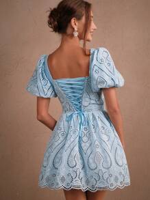 Savoree Vestido de verano romántico y elegante para mujeres con mangas abullonadas, diseño de tórax calado en forma de corazón, detalle de cintura anudada, bajo con volantes, atuendo ideal para festivales, salidas y vacaciones