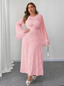 Flirla 加大码圆领喇叭袖纹理针织收腰 A 字形连衣裙长款女装 - 粉色 - 查看 5
