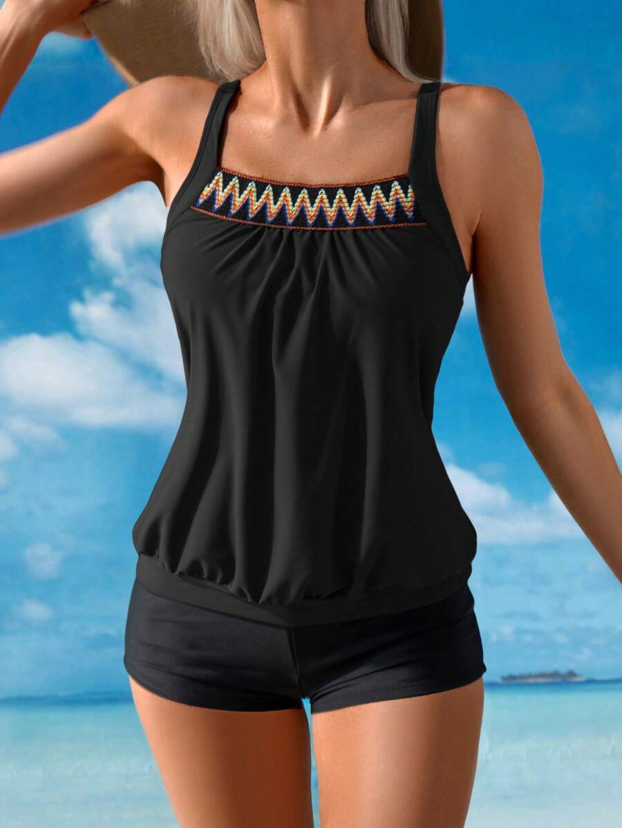 Swim Lushoire Women Geometric Elastic Strap Camisole Bikini Top For Summer Beach Vacation - Black - View 1