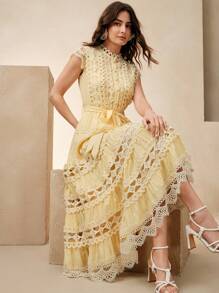 Anewsta Petite Yellow Elegant Waist Ruffle Splice Cap Sleeve Dress For Women - Yellow - View 1