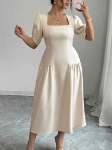Celure Abito lungo da donna elegante e casual per primavera/estate, stile francese chic, adatto per lavoro, vacanza e occasioni formali, con scollo quadrato, drappeggio, in colore unito