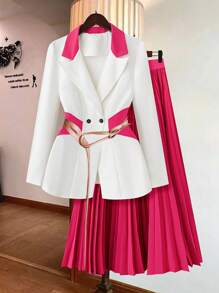 SHEIN Clasi Women's Contrast Color Splice Jacket + Pleated Skirt Suit Set - Hot Pink - View 1