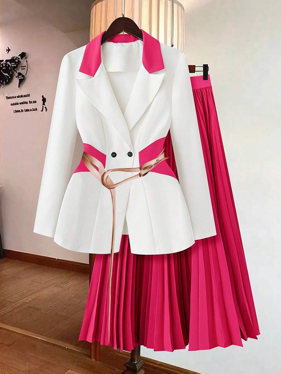 SHEIN Clasi Women's Contrast Color Splice Jacket + Pleated Skirt Suit Set - Hot Pink - View 1