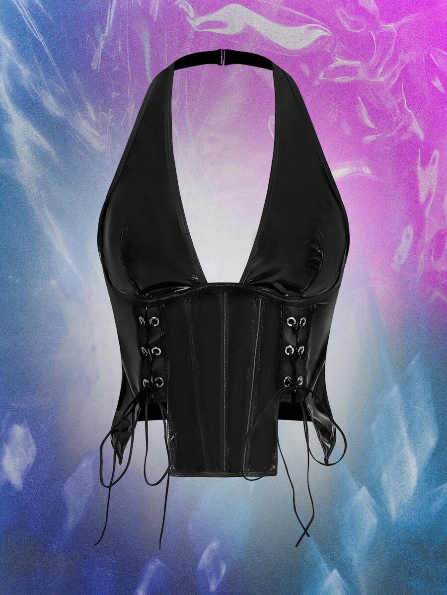 سلسلة موسيقى المهرجان المثيرة للنساء صدرية مكشوفة متوهجة بُكِّره عميقة - الأسود - مشاهدة 1