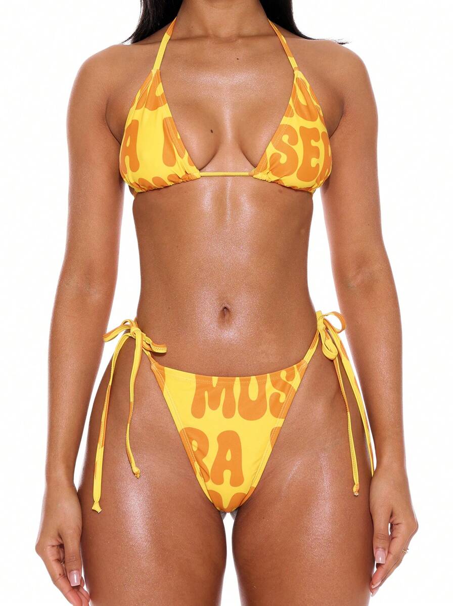 Musera Resort Áo bikini tam giác buộc dây sau cổ yếm, chỉ mặc vào mùa hè, xuân, kỳ nghỉ, đồ bơi gợi cảm cho câu lạc bộ Ibiza, lễ hội âm nhạc rave. - Màu vàng - Xem 1