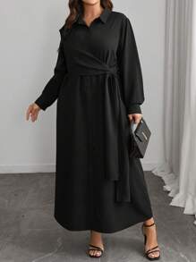 EMERY ROSE 大码女式立领系腰装饰长袖衬衫裙，春秋季休闲办公装，圣诞节勃艮第长款女装 - 黑色 - 查看 4