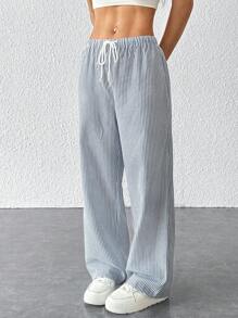 SHEIN PETITE Striped Women's Linen Low Rise Pants, Summer Vacation - Navy Blue - View 4