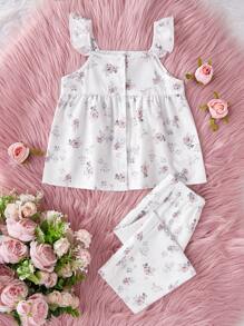 2 件套女婴休闲碎花吊带背心上衣和裤子家居服时尚 - 彩色 - 查看 5