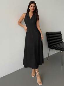 Firerie Vestido elegante y minimalista de mujer con escote en V, cintura ceñida y línea A de largo medio, apropiado para el uso diario - Negro - Ver 3