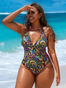 Swim Vcay Plus Size Women's One-Piece Random Floral Print Halter V-Neck Backless Lace-Up Swimsuit For Summer Beach Vacation - Black - View 4