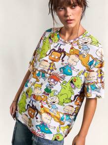 Nick 90s X SHEIN Women's Summer Spring Cartoon Pattern White Oversized T-Shirt, Unisex Gyaru Daily Casual Outing Wear