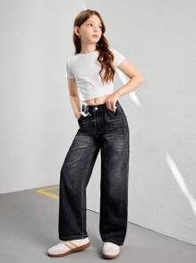 SHEIN Sparklyn Streetcool Tween Girl 复古宽松阔腿牛仔裤，休闲直筒牛仔裤 - 黑色 - 查看 6