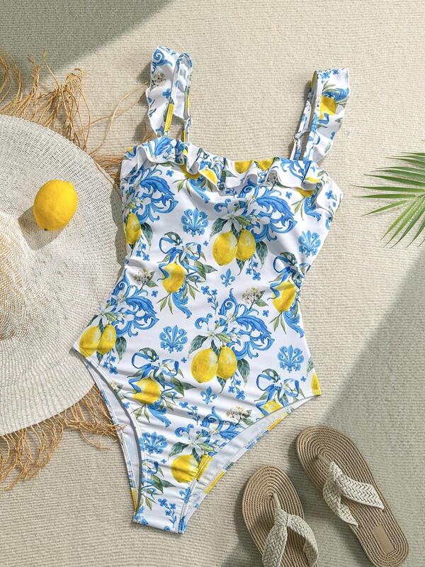 Soleia Summer Outfits For Women,Swim Suits For Women,Vacation Outfits Woman,One Piece Bathing Suit,Beachwear,Beach Outfits For Woman,Women's Tropical Floral Fruit Print Sweetheart Neck Ruffled Hollow Out One-Piece Swimsuit, Sweet Holiday Beach Wear