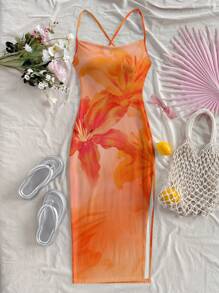 Soleia Váy nhuộm loang màu hoa loa kèn cam và hoa dâm bụt, phong cách bãi biển thường ngày, phù hợp cho mùa hè và đi biển - trái cam - Xem 6