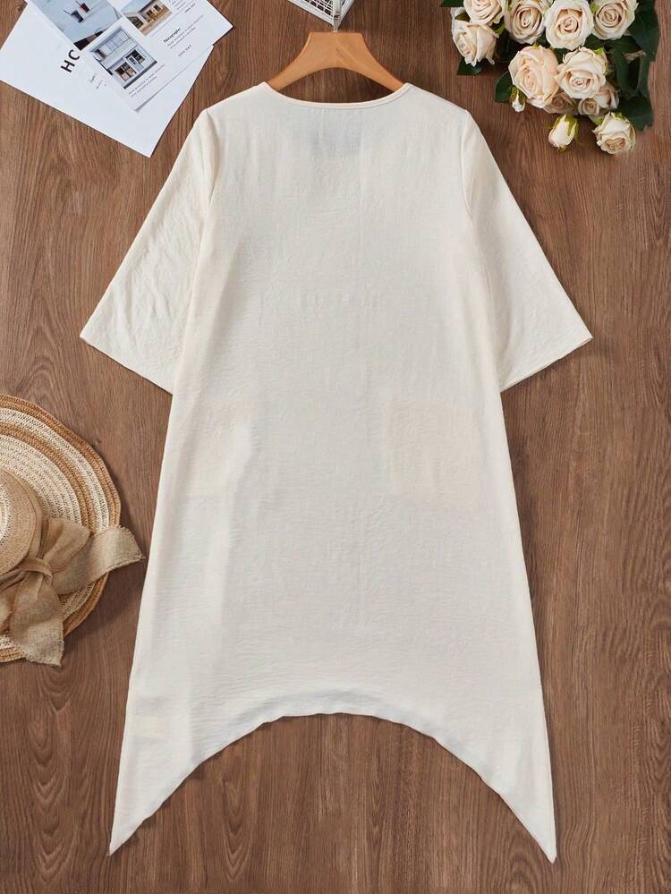 Women's Fashionable Asymmetrical Hem Pocketed Dress With Large Round Neck For Summer