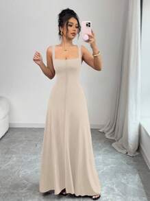 SHEIN Privé Wine Red Elegant Retro Square Collar Front Vent A-Line Dress For Women - Apricot - View 5