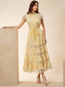 Anewsta Petite Yellow Elegant Waist Ruffle Splice Cap Sleeve Dress For Women - Yellow - View 4