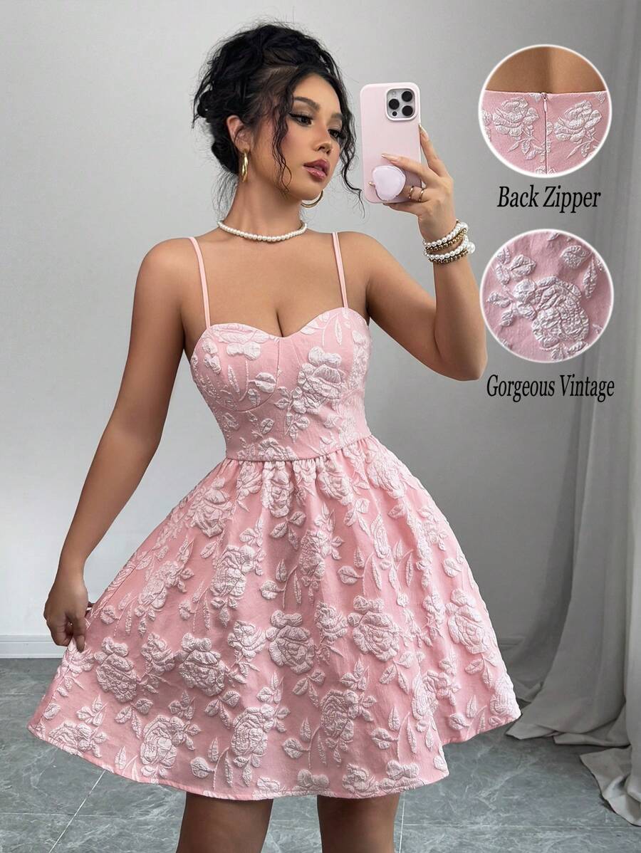 Chiquease 女士粉红玫瑰提花浪漫优雅婚礼宾客毕业音乐会服装生日礼服春夏女士服装太阳裙晚会约会筒形乡村音乐会服装无袖迷你吊带裙