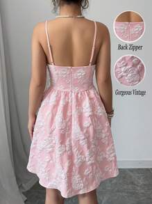 Chiquease 女士粉红玫瑰提花浪漫优雅婚礼宾客毕业音乐会服装生日礼服春夏女士服装太阳裙晚会约会筒形乡村音乐会服装无袖迷你吊带裙