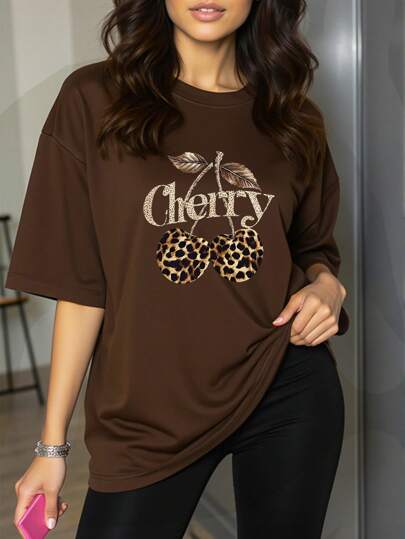 Rovax Women Plus Size Leopard & Cherry Print Round Neck Short Sleeve T-Shirt Top