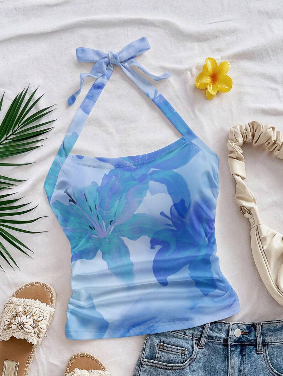 SHEIN WYWH 女士度假露背蓝色纹理针织修身吊带背心，适合夏季 - 藍色 - 查看 1