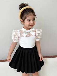 SHEIN Fern Glow  Babygirl Cute Summer Polka Dots Mesh Top & Pleated Mini Skirt 2Pcs Set - White - View 1