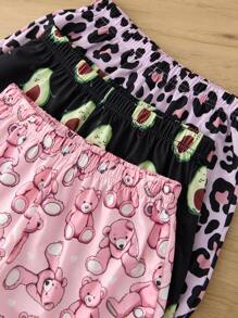 Dozemod 6 件 Tween Girl 可爱简约熊、牛油果、豹纹图案无袖上衣和宽松休闲短裤睡衣套装 - 彩色 - 查看 3