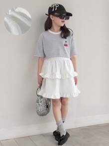 1pc Girls Casual Round Neck Short Sleeve Striped Loose T-Shirt & Elastic Waist Pompom Jacquard Cake Skirt Set, Perfect For Daily Wear