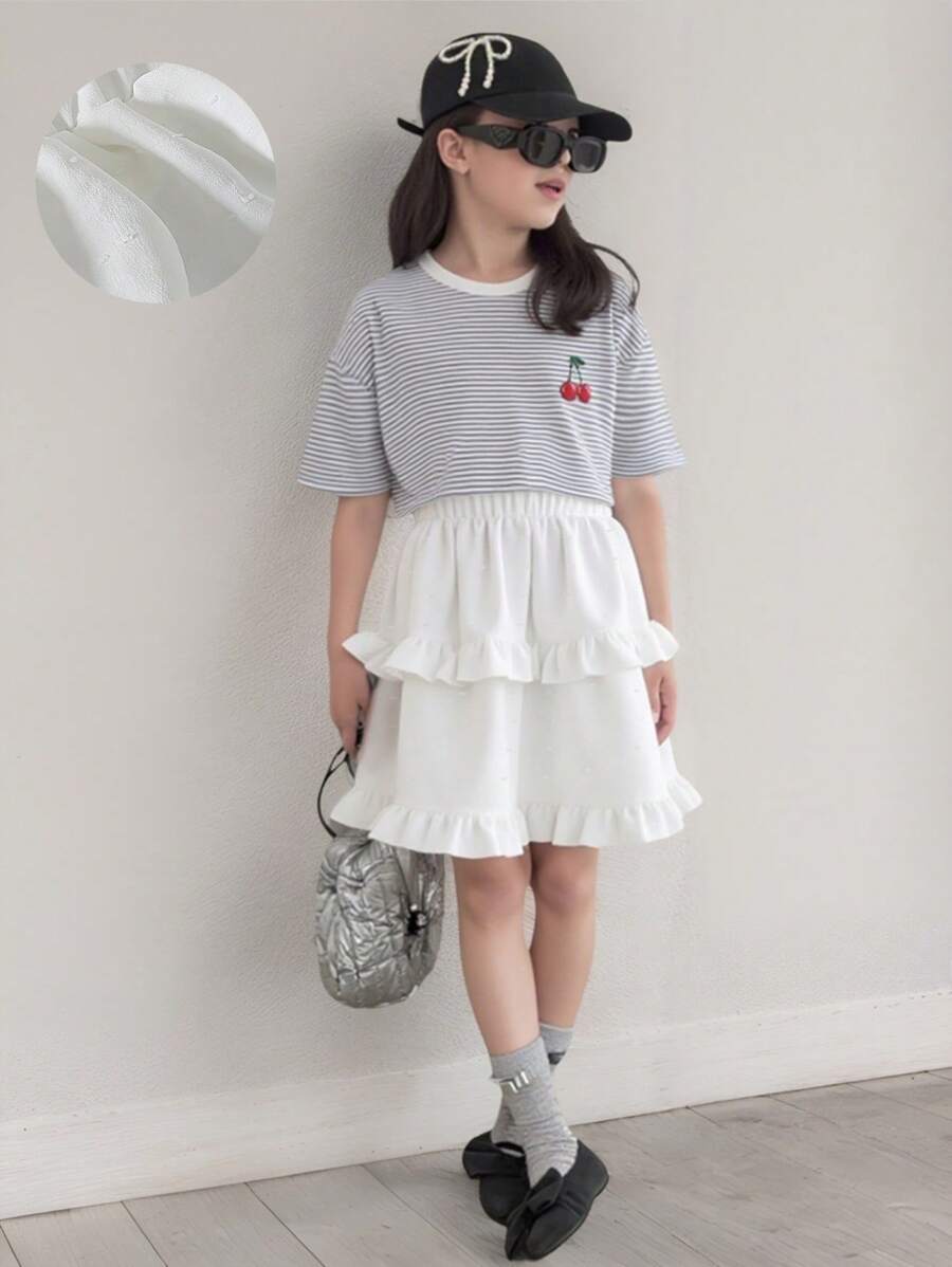 1pc Girls Casual Round Neck Short Sleeve Striped Loose T-Shirt & Elastic Waist Pompom Jacquard Cake Skirt Set, Perfect For Daily Wear