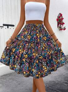 SHEIN Tall 1pc Women's Ditsy Floral Ruffled Hem Skirt (Random Print) - Black - View 3