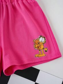 GARFIELD | SHEIN Tween Girl Cartoon Bear & Floral Printed White Casual Tank Top & Pink Cute Shorts Sports Set - Pink - View 6