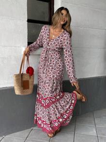 Breezaya Đầm Maxi Tay Ngắn In Hình Chắp Vá Thường Ngày Cho Nữ - Đỏ - Xem 5