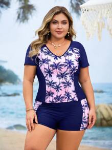 Swim Lushoire 2pcs/Set Plus Size Women's Random Palm Tree Print Patchwork Conservative Modest Tankini Swimsuit, High Waist Shorts & Short Sleeve Top - Blue - View 3