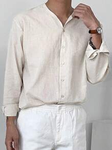 DAZY Spring Solid Khaki Men's Long Sleeve Single-Breasted Shirt - Khaki - View 3