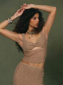 MUSERA Shades Of Brown Seductive Summer Club Night Top,Plunge V Neck Textured Lace Bust Cut Out Fitted Cropped Elegant Boho Ibiza Vacation Top - Khaki - View 1