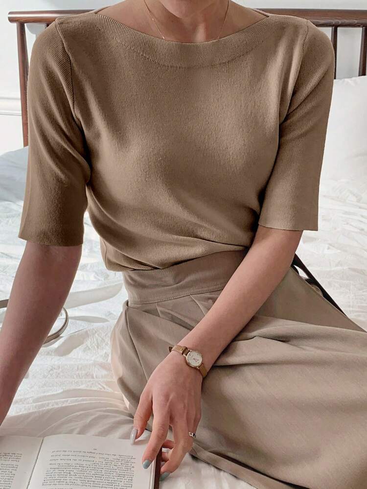 Women's Solid Color Fitted Elegant Knit Base Layer Top