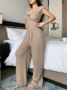 DAZY Women's Lightweight Textured Lace Patchwork Pajama Set - Khaki - View 8